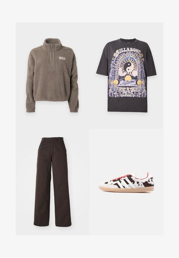 Fleece-pullover i gråbrun med halvlange lynlåskrave. Har GAP-logo på brystet og elastiske manchetter ved ærmerne. Blød tekstur.; Sort Billabong T-shirt med pastel sol, måne, yin-yang, blomster, bølger og teksten "Life-A-Sure Trip" i psykedelsk stil.; Brune bredbenede bukser med knaplukning og bæltestropper, lavet af holdbart stof, som har en glat tekstur og rene linjer.; Hvide sneakers med et ko-mønster, røde snørebånd og tre hvide striber. Tekstureret overdel og sål i gumgummi.