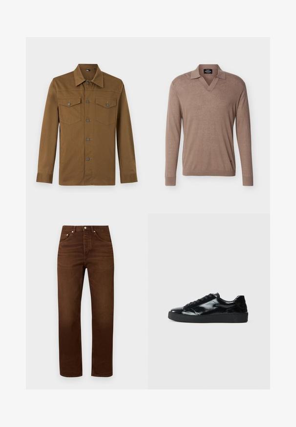 Pull en maille marron à manches longues avec col et encolure en V, fabriqué en tissu léger, avec poignets et ourlet côtelés.; Chemise marron à manches longues avec col pointu et deux poches poitrine boutonnées, présentée sur fond clair uni.; Jean marron droit en denim avec poches avant et fermeture par bouton métal sur un fond clair uni.; Baskets en cuir verni noir avec un bout arrondi, un laçage, une semelle en caoutchouc texturé et une finition lisse.