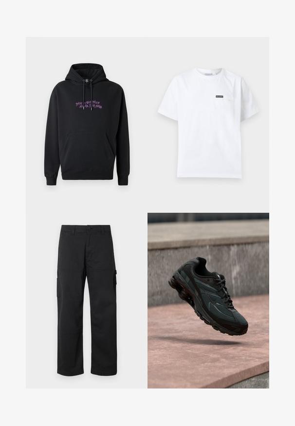 Sudadera negra de tejido suave, con un bolsillo frontal, cordones y un diseño de texto en púrpura en el pecho que dice "PASE LO QUE PASE NUNCA PASE NADA."; Camiseta blanca de manga corta con cuello redondo y pequeño bolsillo en el pecho con un parche negro del logo de Columbia.; Pantalones cargo negros con diseño de pierna recta, múltiples bolsillos laterales y cierre de botón. Fabricados con un tejido duradero y ligero.; Zapatilla deportiva negra con entresuela visible con amortiguación de aire que flota sobre una superficie de piedra rosa con un fondo de pared de piedra gris.
