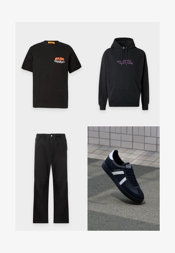 Sudadera negra de tejido suave, con un bolsillo frontal, cordones y un diseño de texto en púrpura en el pecho que dice "PASE LO QUE PASE NUNCA PASE NADA."; Camiseta de algodón negra con mangas cortas, que presenta un diseño gráfico de texto en naranja y blanco en la parte delantera. Cuello redondo, ajuste relajado.; Pantalones negros de algodón con una cintura elástica, que cuentan con un diseño de pierna recta, textura suave y sin acentos ni patrones visibles.; Zapatilla de cuero negra con rayas blancas, suela de goma texturizada y parte frontal con cordones. Cuenta con una etiqueta de marca en la lengüeta.