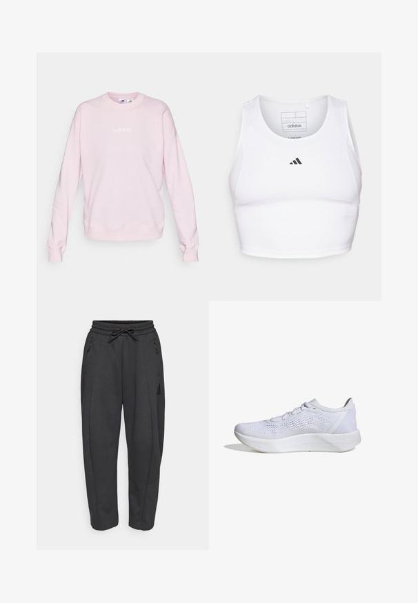 Svetloružový sveter vyrobený z mäkkej látky, s okrúhlym výstrihom, dlhými rukávmi a bielym logom Adidas na prednej strane.; Biely športový crop top vyrobený z ľahkej, priedušnej tkaniny. Obsahuje sieťované bočné panely a čierne vyšitý logo na hrudi.; Čierne športové nohavice s elastickým pásom, sťahovacou šnúrkou, bočnými zipsovými vreckami a zúženými nohavicami. Vyrobené z mäkkej, textúrovanej látky.; Biele atletické topánky s priedušným sieťovým zvrškom, šnurovací dizajn, polstrovaný golier a textúrovaná gumová podrážka pre trakciu.