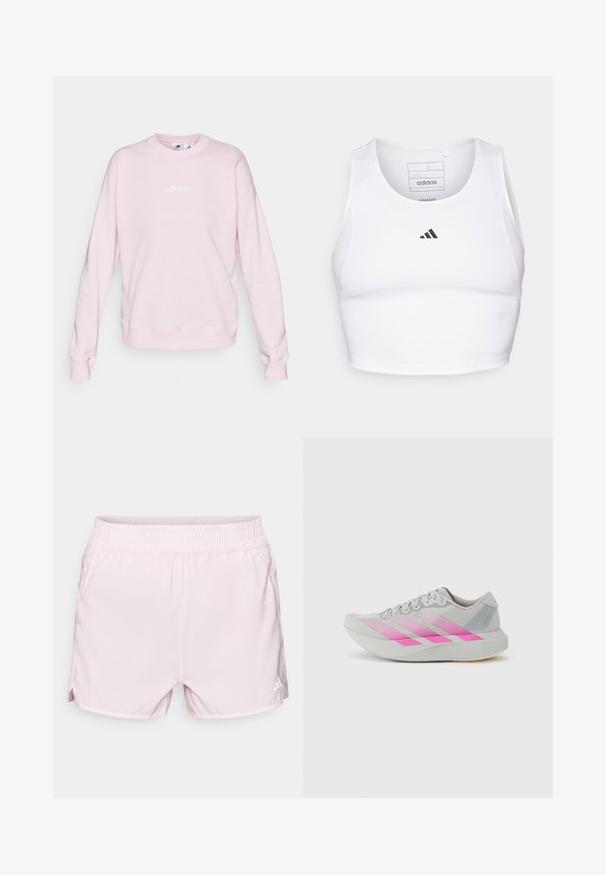 Lyserød sweatshirt lavet af blødt stof, med rund halsudskæring, lange ærmer og et hvidt Adidas-logo på forsiden.; Hvid atletisk crop top lavet af letvægts, åndbart stof. Har mesh-sider og sort broderet logo på brystet.; Lyserøde træningsshorts med elastisk talje, letvægtsstof, sideslids og et lille hvidt logo nederst til højre.; Lysegrå løbesko med pink gradientstriber, rund tå, tekstureret overdel og flad sål med diskrete accenter og logodetaljer.