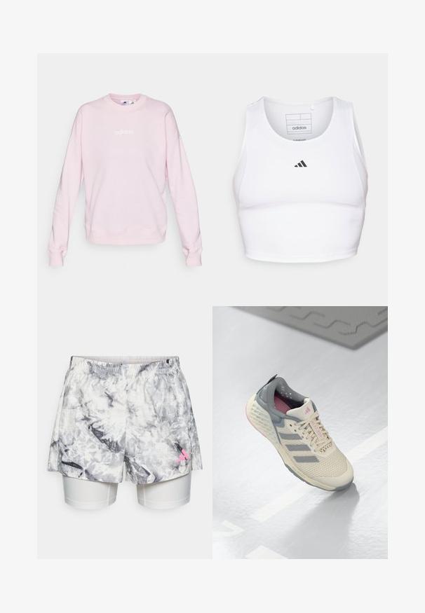 Lyserød sweatshirt lavet af blødt stof, med rund halsudskæring, lange ærmer og et hvidt Adidas-logo på forsiden.; Hvid atletisk crop top lavet af letvægts, åndbart stof. Har mesh-sider og sort broderet logo på brystet.; Shorts med et gråt og hvidt abstrakt mønster, der har en elastisk talje, indvendig foring og en lyserød logoaccent på siden.; Beige sporty sko med grå accenter, netoverdel og en tekstureret sål. Har tre grå striber og rosa indvendige detaljer.