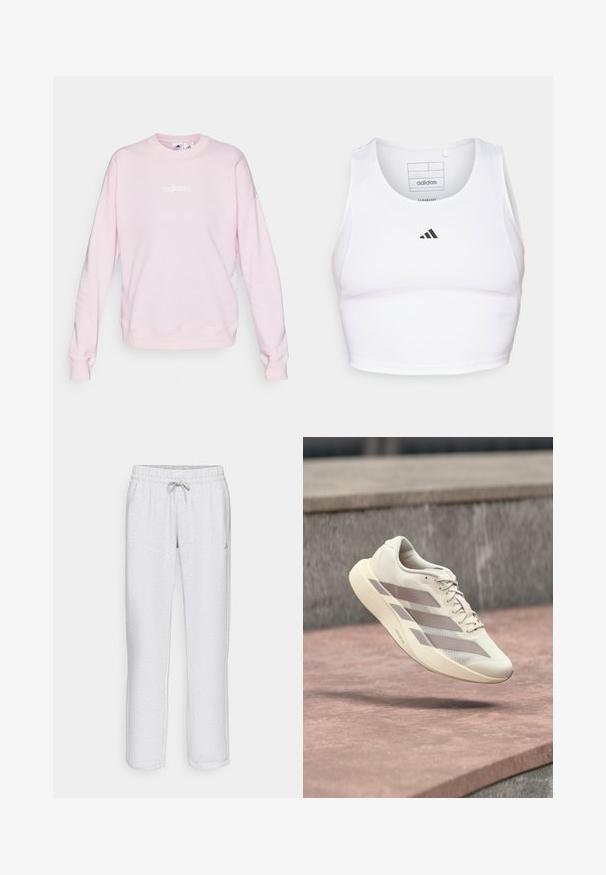 Svetloružový sveter vyrobený z mäkkej látky, s okrúhlym výstrihom, dlhými rukávmi a bielym logom Adidas na prednej strane.; Biely športový crop top vyrobený z ľahkej, priedušnej tkaniny. Obsahuje sieťované bočné panely a čierne vyšitý logo na hrudi.; Biele teplákové nohavice s rovnými nohavicami, elastickým pásom, sťahovacou šnúrkou a jemnou textúrou. Obsahujú malé logo na ľavej strane.; Behajúca topánka krémovej farby s taupe pruhmi vznášajúca sa nad povrchom z červenohnedých dlaždíc a sivým kamenným pozadím.