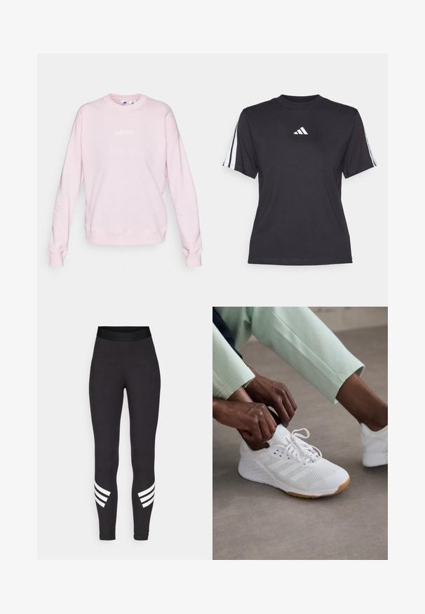 Svetloružový sveter vyrobený z mäkkej látky, s okrúhlym výstrihom, dlhými rukávmi a bielym logom Adidas na prednej strane.; Čierne športové tričko vyrobené z mäkkého materiálu, s klasickým okrúhlym výstrihom, krátkymi rukávmi a tromi bielymi pruhmi na každom ramene. Biely logo na hrudi.; Čierne legíny vyrobené z elastického materiálu, s širokým pásom a tromi bielymi horizontálnymi pruhmi blízko dolnej časti nôh.; Biele športové topánky s hornou časťou z sieťoviny, gumovou podrážkou a dizajnom so tromi prúžkami. Šnúrky sa upravujú; viditeľné svetlošedé a mätovo zelené oblečenie.