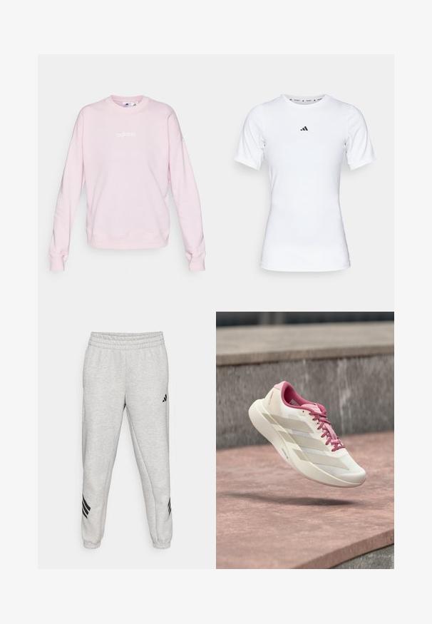 Svetloružový sveter vyrobený z mäkkej látky, s okrúhlym výstrihom, dlhými rukávmi a bielym logom Adidas na prednej strane.; Biela športová tričko s krátkymi rukávmi, vyrobené z hladkej, elastickej tkaniny. Obsahuje malé čierne logo Adidas na hrudi.; Svetlo sivé tepláky s rebrovaným elastickým pásom, zúženými nohavicami a tromi čiernymi diagonálnymi pruhmi blízko koncov nohavíc. Hladká textúra.; Svetlo béžová a ružová bežecká obuv s vankúšovou podrážkou, ružovými šnúrkami a tromi béžovými pruhmi, ktoré visia nad kamenným povrchom.