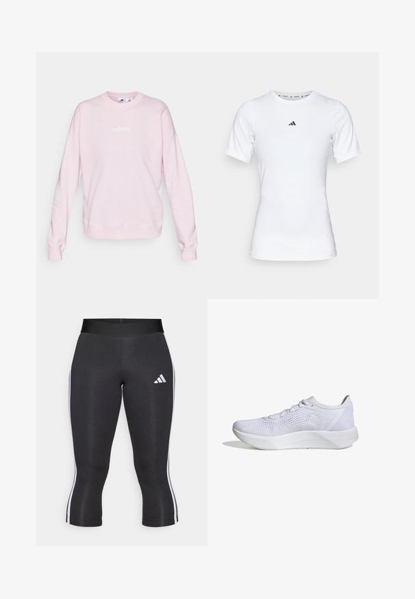 Svetloružový sveter vyrobený z mäkkej látky, s okrúhlym výstrihom, dlhými rukávmi a bielym logom Adidas na prednej strane.; Biela športová tričko s krátkymi rukávmi, vyrobené z hladkej, elastickej tkaniny. Obsahuje malé čierne logo Adidas na hrudi.; Čierne capri legíny s širokým pásom, so bielymi bočnými pruhmi a bielym logom Adidas na ľavom stehne. Hladká textúra.; Biele atletické topánky s priedušným sieťovým zvrškom, šnurovací dizajn, polstrovaný golier a textúrovaná gumová podrážka pre trakciu.