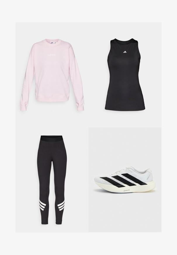 Svetloružový sveter vyrobený z mäkkej látky, s okrúhlym výstrihom, dlhými rukávmi a bielym logom Adidas na prednej strane.; Čierny bezrúškový športový top z hladkej látky. Disponuje okrúhlym výstrihom a malým bielym logom Adidas na hrudi.; Čierne legíny vyrobené z elastického materiálu, s širokým pásom a tromi bielymi horizontálnymi pruhmi blízko dolnej časti nôh.; Biela bežecká topánka s čiernym dizajnom so tromi pruhmi na boku a hrubou bielou podrážkou označenou "Lightstrike Pro" na jednofarebnom pozadí.