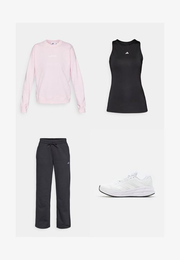 Lichtroze sweatshirt van zacht materiaal, met een ronde halslijn, lange mouwen en een wit Adidas-logo aan de voorkant.; Zwart mouwloos sporttop gemaakt van gladde stof. Heeft een ronde halslijn en een klein wit Adidas-logo op de borst.; Zwarte joggingsbroek gemaakt van zachte stof, met een elastische tailleband, trekkoord en een klein logo op het linkerbeen.; Atletiekschoen in wit meshmateriaal met drie subtiele grijze strepen, slank ontwerp, ronde neus en een zwarte rubberen buitenzool.