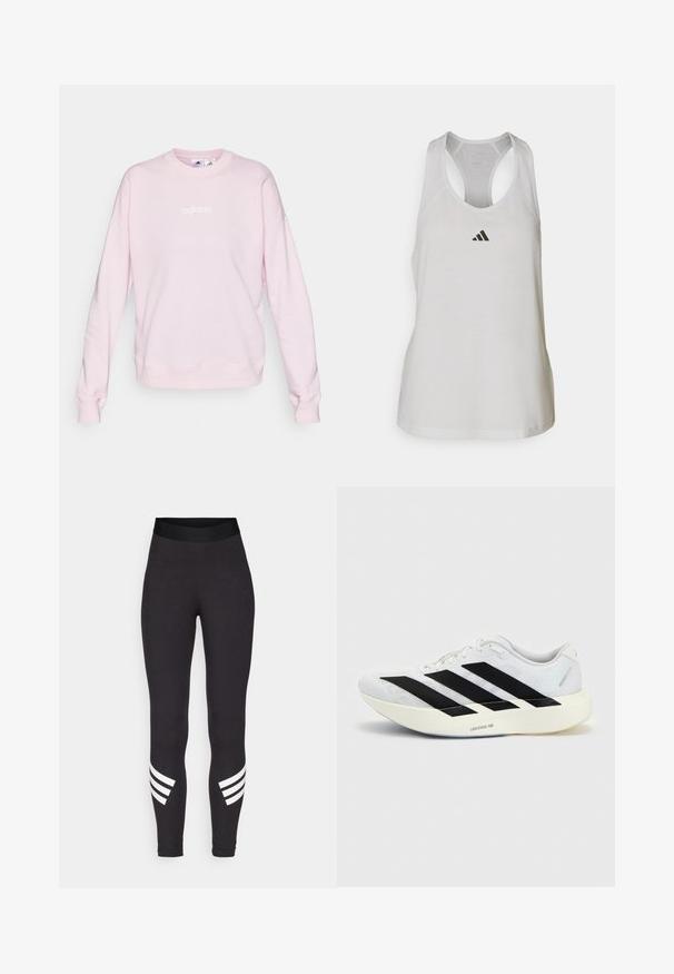Svetloružový sveter vyrobený z mäkkej látky, s okrúhlym výstrihom, dlhými rukávmi a bielym logom Adidas na prednej strane.; Biely športový tielko vyrobené z ľahkej tkaniny, so športovým strihom a malým čiernym logom na hrudi.; Čierne legíny vyrobené z elastického materiálu, s širokým pásom a tromi bielymi horizontálnymi pruhmi blízko dolnej časti nôh.; Biela bežecká topánka s čiernym dizajnom so tromi pruhmi na boku a hrubou bielou podrážkou označenou "Lightstrike Pro" na jednofarebnom pozadí.
