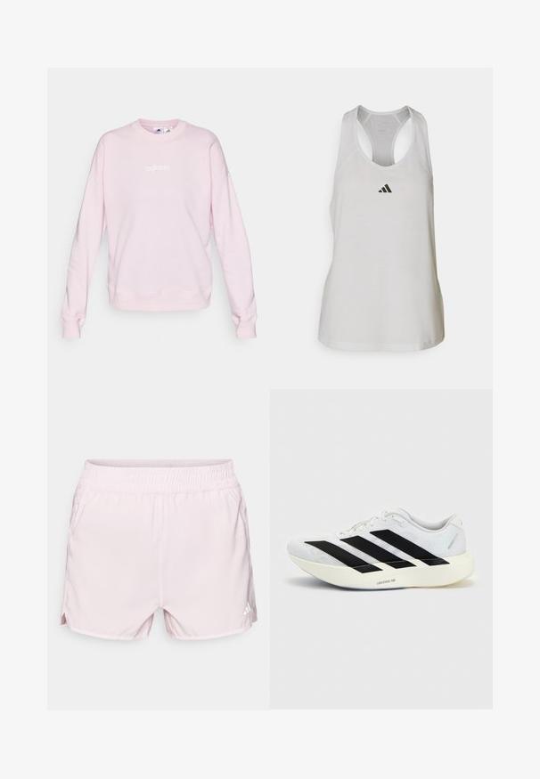 Sweatshirt rose clair en tissu doux, avec un col rond, des manches longues et un logo Adidas blanc sur le devant.; Débardeur de sport blanc en tissu léger avec un dos nageur et un petit logo noir sur la poitrine.; Shorts de sport roses avec une taille élastique, tissu léger, fentes latérales et un petit logo blanc en bas à droite.; Chaussure de running blanche avec motif trois bandes noires sur le côté et semelle blanche épaisse étiquetée "Lightstrike Pro" sur fond uni.