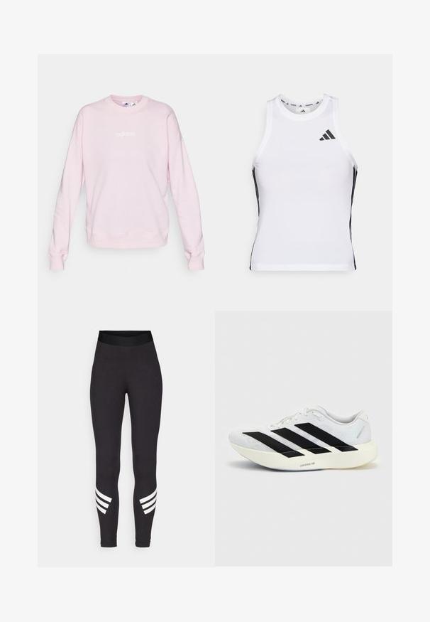Sweatshirt rose clair en tissu doux, avec un col rond, des manches longues et un logo Adidas blanc sur le devant.; Débardeur de sport blanc avec des accents latéraux noirs et un logo. Il présente une encolure arrondie et un design ajusté, fabriqué en matériau léger et respirant.; Leggings noirs en tissu extensible, dotés d'une large taille élastique et de trois rayures blanches horizontales près des bas des jambes.; Chaussure de running blanche avec motif trois bandes noires sur le côté et semelle blanche épaisse étiquetée "Lightstrike Pro" sur fond uni.