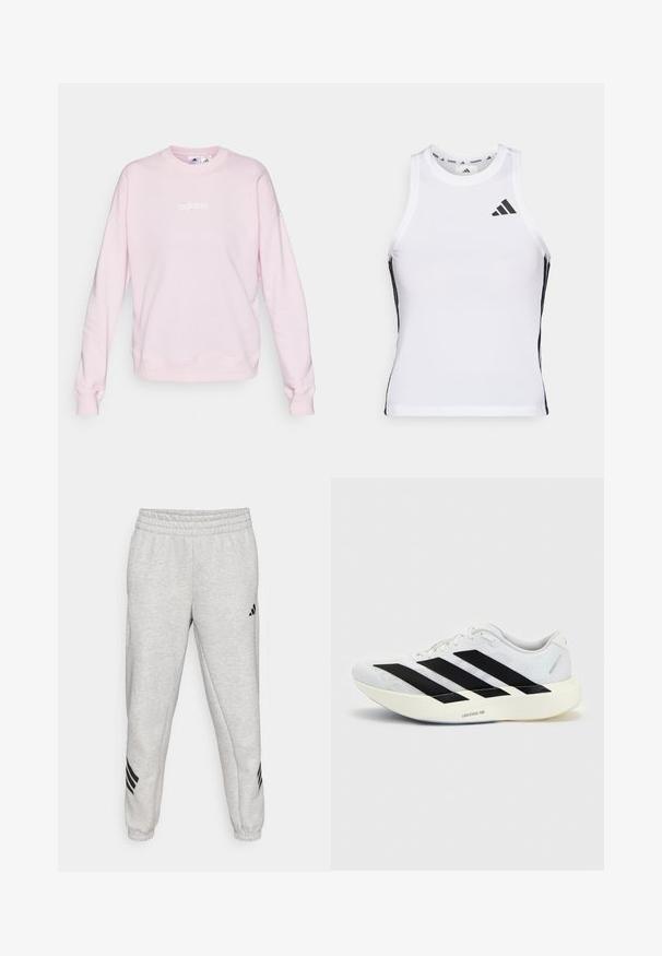 Svetloružový sveter vyrobený z mäkkej látky, s okrúhlym výstrihom, dlhými rukávmi a bielym logom Adidas na prednej strane.; Biely športový tielko s čiernymi bočnými akcentami a logom. Má výstrih v tvare lode a priliehavý strih, vyrobené z ľahkého, priedušného materiálu.; Svetlo sivé tepláky s rebrovaným elastickým pásom, zúženými nohavicami a tromi čiernymi diagonálnymi pruhmi blízko koncov nohavíc. Hladká textúra.; Biela bežecká topánka s čiernym dizajnom so tromi pruhmi na boku a hrubou bielou podrážkou označenou "Lightstrike Pro" na jednofarebnom pozadí.