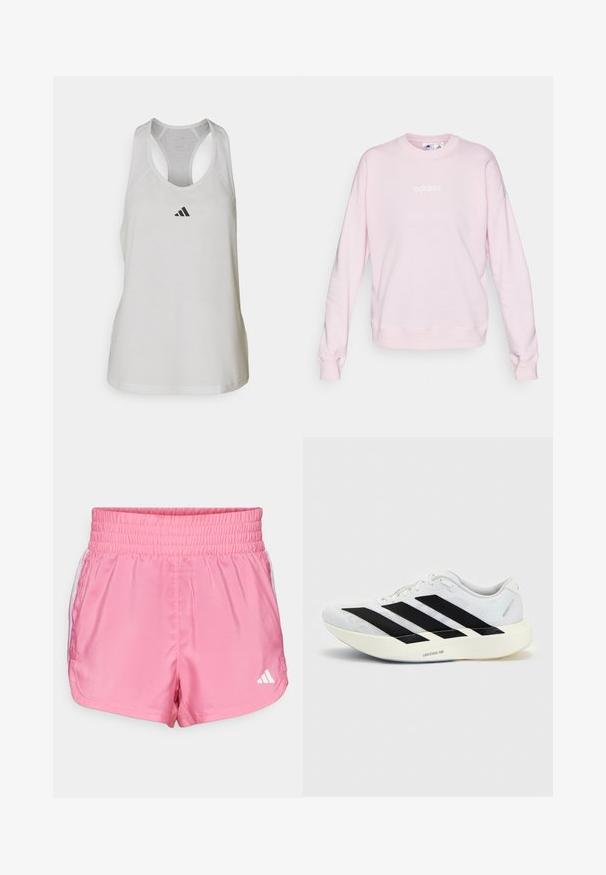 Sweatshirt rose clair en tissu doux, avec un col rond, des manches longues et un logo Adidas blanc sur le devant.; Débardeur de sport blanc en tissu léger avec un dos nageur et un petit logo noir sur la poitrine.; Shorts de sport roses avec une taille élastique, ornés d'accents blancs sur les côtés et d'un petit logo blanc en bas à droite.; Chaussure de running blanche avec motif trois bandes noires sur le côté et semelle blanche épaisse étiquetée "Lightstrike Pro" sur fond uni.