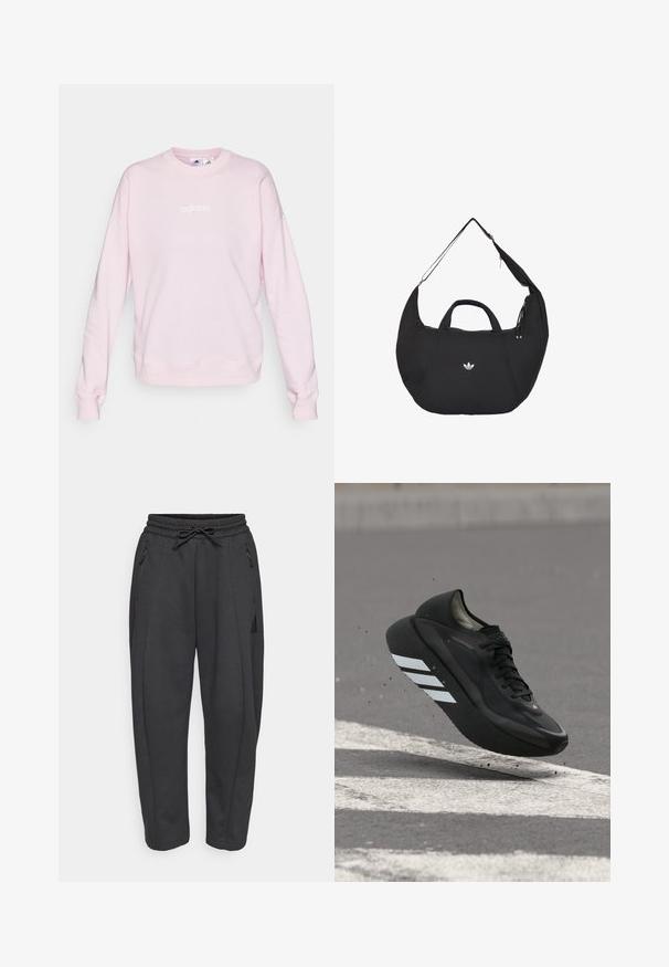 Lyserød sweatshirt lavet af blødt stof, med rund halsudskæring, lange ærmer og et hvidt Adidas-logo på forsiden.; Sorte træningsbukser med elastisk talje, snor, sidelommer med lynlås og tapered ben. Fremstillet af et blødt, struktureret stof.; Sort løbesko med hvide striber på sålen, svævende over asfalt med hvide vejstriber og slynter små stykker op.; Sort halvmåneformet Adidas taske med dobbelte håndtag og en justerbar skulderrem, der viser det hvide Adidas trefoil-logo midt for.