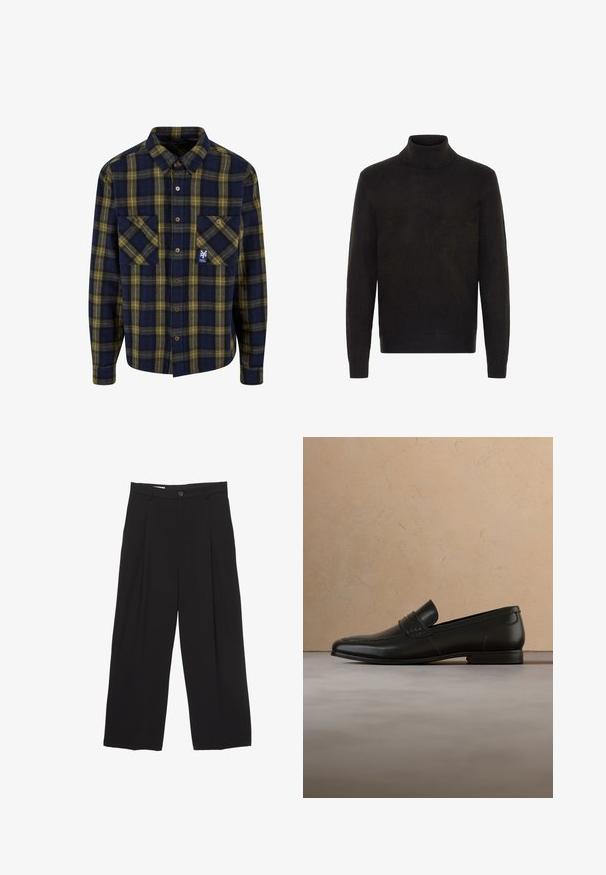 Pull à col roulé noir en tissu doux et lisse. Il possède des manches longues et un design ajusté pour une silhouette épurée.; Chemise en flanelle à carreaux bleu marine et jaune, avec deux poches avant, boutonnage avant et un petit logo sur la poche gauche. Texture douce.; Pantalons larges noirs en tissu lisse, avec une taille plate, des plis avant et un bouton unique.; Mocassin en cuir noir présenté en lévitation au-dessus d'un tapis beige avec un canapé beige en arrière-plan.