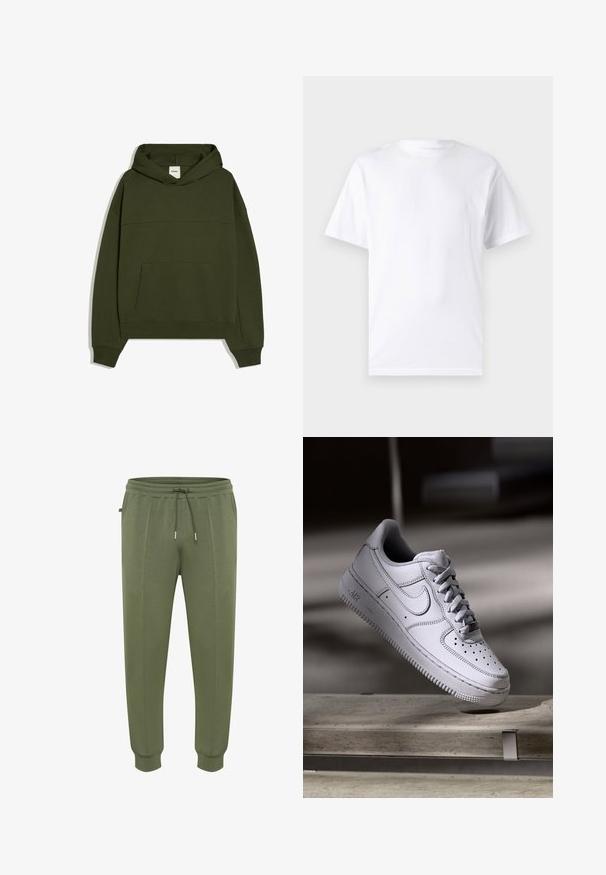 Donkergroene capuchontrui met lange mouwen, frontale kangoeroezak en geribbelde manchetten, plat neergelegd op een witte achtergrond.; Witte T-shirt met korte mouwen, gemaakt van katoen, met een ronde hals. Het heeft een gladde textuur en een eenvoudig ontwerp zonder patronen of accenten.; Joggingbroeken in olijfgroen gemaakt van zachte stof, voorzien van een taille met trekkoord, zijzakken en geribbelde boorden voor een goede pasvorm.; Witte Nike Air Force 1 sneaker van leer met geperforeerde neus, platte veters en een gestructureerde rubberen zool met "AIR"-logo aan de zijkant.