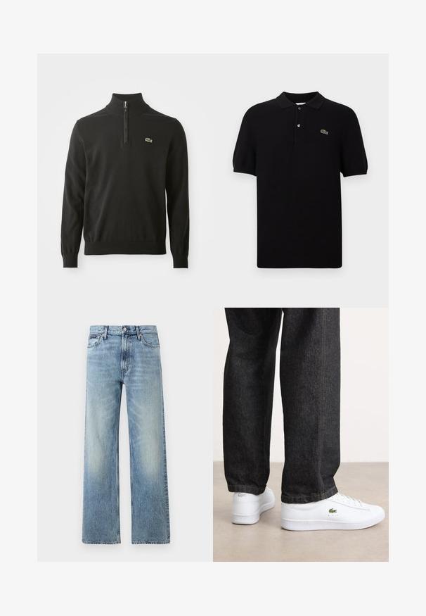 Zwart pullover trui met een hoge kraag, voorzien van een halve rits en geribde manchetten. Inclusief een klein groen logo op de borst. Zachte textuur.; Zwarte poloshirt gemaakt van gebreide stof, met een klassieke kraag, drie knopen en een groene krokodillenlogo aan de linkerkant. Korte mouwen.; Lichtblauwe denim jeans met rechte pijpen, een hoge taille, vijf zakken, knoopsluiting en subtiele vervaging op de dijen en knieën.; Witte leren sneakers met een laag profiel en een groen logo, gecombineerd met donkere spijkerbroek met gele stiksels.
