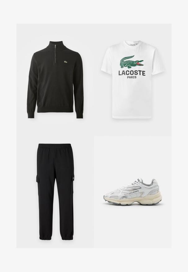 Schwarzer Pullover mit hohem Kragen, der einen halben Reißverschluss und gerippte Bündchen hat. Enthält ein kleines grünes Logo auf der Brust. Weiche Textur.; Lacoste T-Shirt print - white; Schwarze Sweatpants mit einem elastischen Bund, schmal zulaufenden Bündchen und seitlichen Cargo-Taschen. Hergestellt aus weichem Material mit einer glatten Textur.; Weiße Sportschuhe mit grauen Akzenten, Obermaterial aus Mesh und Synthetik, Schnürdesign und rutschfester Gummisohle mit Strukturmustern.