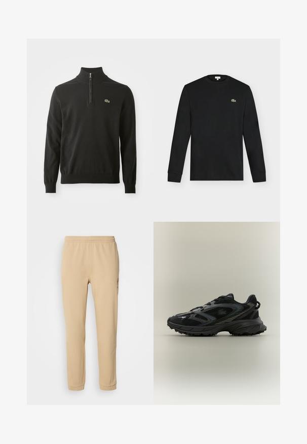 Sort pullover sweather med høj krave, med en halvlange lynlås og ribkantede ærmer. Inkluderer et lille grønt logo på brystet. Blød tekstur.; Sort langærmet crew neck skjorte med lille grønt krokodillelogo på venstre bryst, vist mod en ensartet lys baggrund.; Beige bomulds-sweatpants med elastisk talje, tapered ben og broderedetaljer i siden, med en blød tekstur og enkelt design.; Sort atletisk sko med meshpaneler, en tekstureret sål, snørebånd og en buet silhuet med sølvfarvede accenter på siderne.