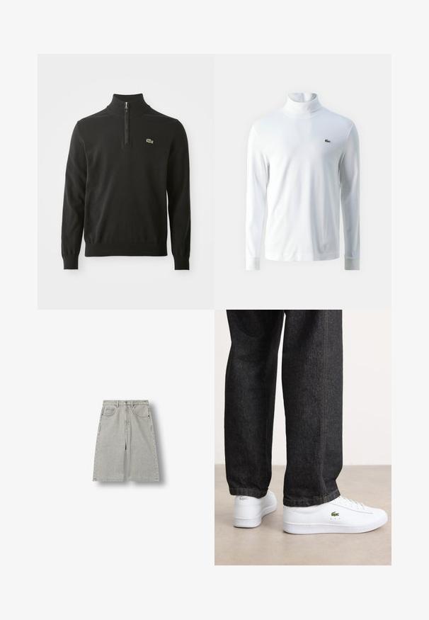 Zwart pullover trui met een hoge kraag, voorzien van een halve rits en geribde manchetten. Inclusief een klein groen logo op de borst. Zachte textuur.; Witte lange mouw turtleneck shirt van zachte stof, met een klein groen geborduurd logo op de borst en aansluitende manchetten.; Lichtgrijze denim knielange shorts met voorzakken, riemlussen en een knoopsluiting, plat neergelegd op een witte achtergrond.; Witte leren sneakers met een laag profiel en een groen logo, gecombineerd met donkere spijkerbroek met gele stiksels.