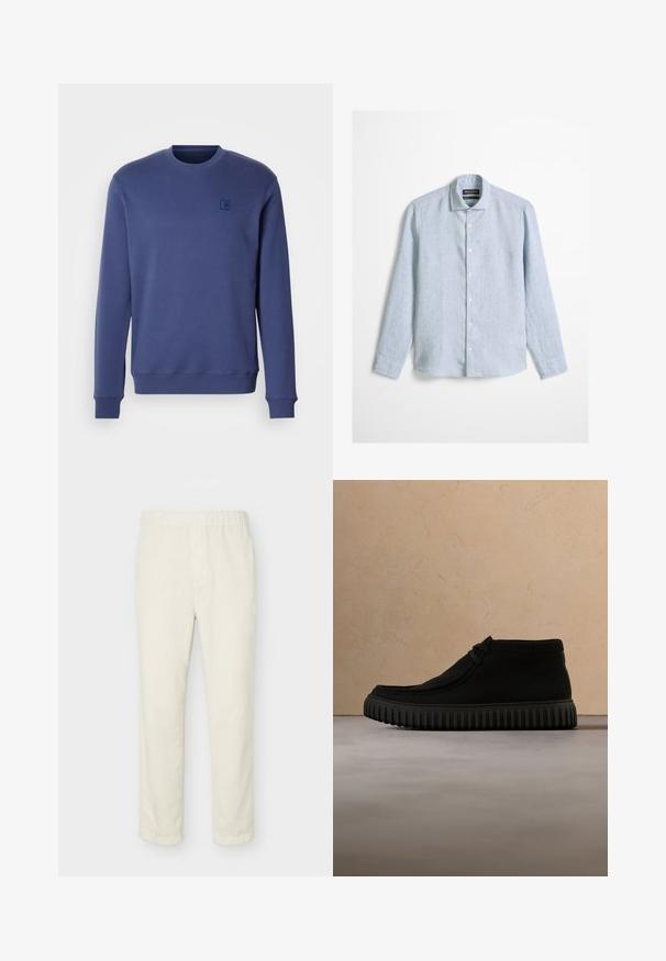 Navyblauwe sweatshirt van een zachte katoenmix; heeft een ronde halslijn, geribde manchetten en een klein logo-opdruk op de borst.; Lichtblauw overhemd met lange mouwen en knopen, met een klassieke kraag, gemaakt van gestructureerde stof, weergegeven tegen een effen achtergrond.; Off-white rechte broek met elastische tailleband en minimale details, weergegeven op een effen lichte achtergrond.; Zwarte enkelboots van zacht materiaal, met een ronde neus, minimale veters en een gestructureerde rubberen zool met verticale groeven.
