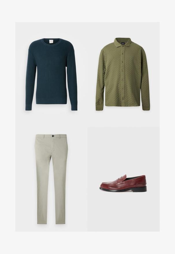 Pull en maille de couleur bleu canard, avec un col rond, des manches longues et un motif texturé. Il présente un petit logo sur la poitrine.; Chemise à manches longues vert olive texturée, boutonnée, avec col et poignets, présentée sur un fond clair uni.; Chinos gris clair en coton avec une texture lisse, coupe droite, fermeture par boutons et poches avant.; Mocassin en cuir bordeaux avec une finition lisse, des coutures décoratives et un bout arrondi. Il présente un petit talon noir.