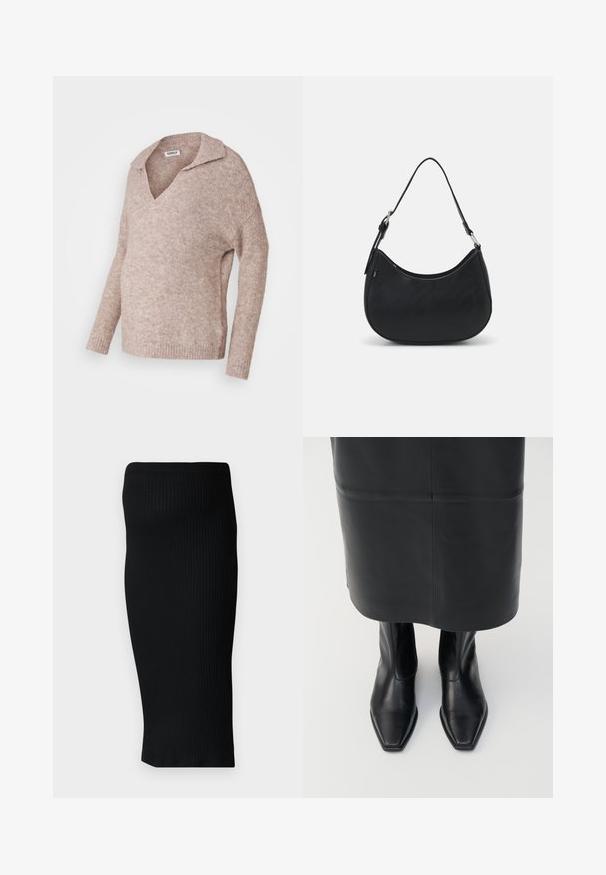 Lyse beige, strikket sweater med V-hals og krave. Blød tekstur, lange ærmer, afslappet pasform og ribbede kantdetaljer.; Sort ribbet strik midi-nederdel med en tætsiddende silhuet og en bred taljeelastik. Glat tekstur, ingen synlige mønstre eller accenter.; Sorte læder støvler med høj ankel, firkantet tådesign og sideskilt. Glat tekstur og minimal hardware; sammen med en sort lædernederdel.; Sort hobo taske lavet af glat læder med en buet silhuet, der har en enkelt justerbar skulderrem og minimalistiske designdetaljer.