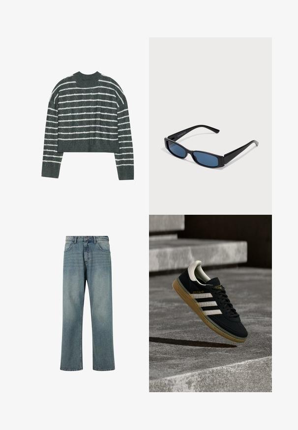 Even&Odd Strickpullover - light green/white; Hellblaue Jeans aus Denim mit geradem Schnitt, fünf Taschen-Design, kontrastierenden Nähten und einem klassischen Bund mit Knopfverschluss.; Schwarzer Sneaker aus Wildleder mit weißen Streifen und goldenem Logo, ausgestattet mit einer strukturierten Gummisohle in Kaugummifarben und einer kontrastierenden cremefarbenen Fersenschlaufe.; Schwarze Sonnenbrille mit einem eleganten rechteckigen Rahmen und blauen Gläsern. Besitzt eine glatte Oberfläche und robuste Scharniere. Markenlogo an der Seite.