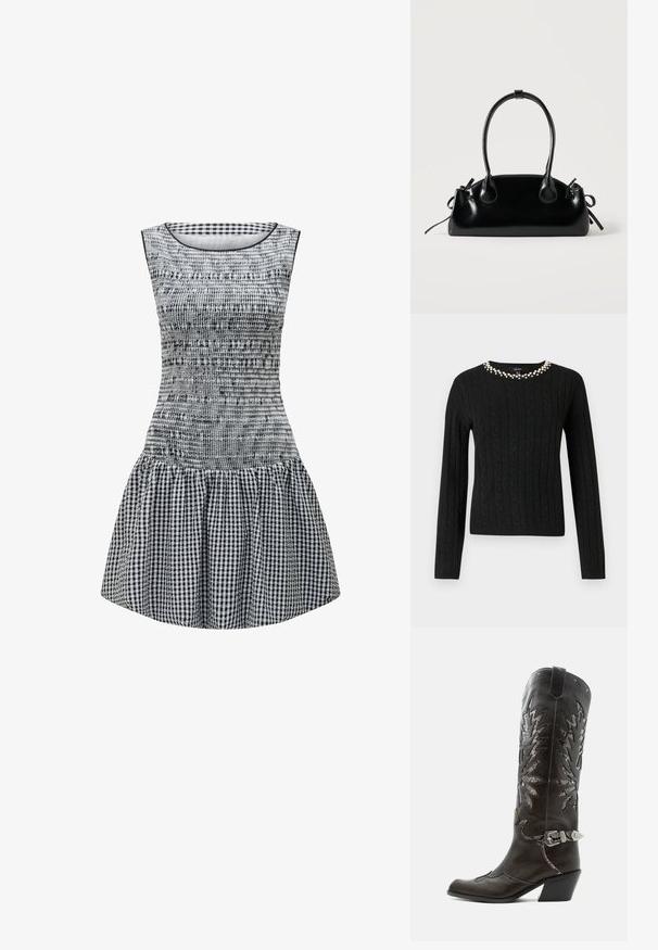 Pull en maille noir à manches longues et col rond orné d'une rangée de perles fantaisie le long du col.; Robe en vichy noir et blanc avec un corsage ajusté, une texture froncée et une jupe évasée. Encolure ronde simple et design sans manches.; Botte de cowboy en cuir noir avec découpes décoratives, boucle argentée et talon incliné, présentée sur fond blanc.; Petit sac à main noir brillant avec deux longues anses et des détails à cordon sur les côtés sur un fond clair uni.