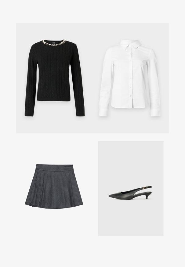 Sort kabelstrikket sweater med lange ærmer og rund halsudskæring prydet med en række falske perler langs kraven.; Hvid skjorte med lange ærmer, knapper, spids krave, lige kant og tætsiddende silhuet, vist på en ensartet lys baggrund.; Grå stribede skater nederdel med en tætsiddende talje, udformet i A-linje og en blød stofstruktur. Lodrette linjer øger den visuelle interesse.; Sorte spidse slingback-sko lavet af glat læder. Har en tynd hæl og en spænde detalje på den justerbare rem.