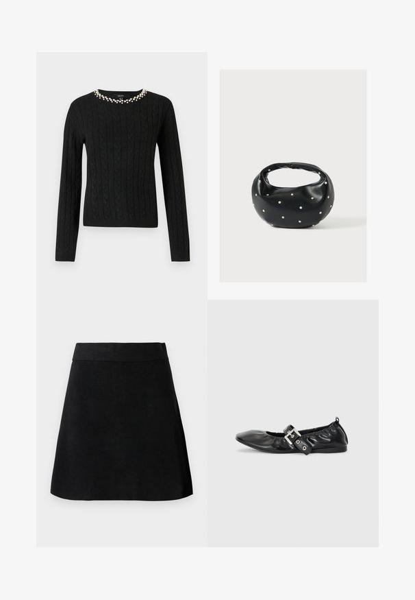 Pull en maille noir à manches longues et col rond orné d'une rangée de perles fantaisie le long du col.; Jupe noire en ligne A avec une large ceinture, texture lisse et design simple, présentée sur un fond gris clair.; Chaussure plate en cuir noir avec un nez pointu, des détails froncés autour de l'ouverture et un accent en boucle argentée sur la bride ajustable.; Sac à main en cuir noir de forme arrondie, décoré de clous argentés et équipé d'une poignée courte. Texture lisse et fermeture éclair.