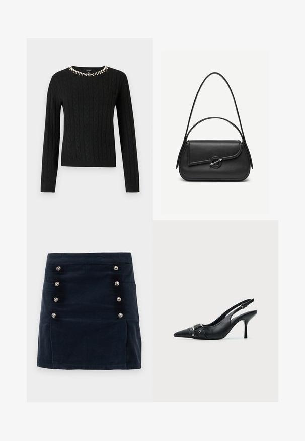 Sort kabelstrikket sweater med lange ærmer og rund halsudskæring prydet med en række falske perler langs kraven.; Marineblå corduroy nederdel med lige pasform, fem metalliske knapper foran og to sidelommer for funktionalitet.; Sort læder højhælet sko med spidst tåparti, slingback og rem med spænde og nitter foran.; Sort læderhåndtaske med afrundede kanter, asymmetrisk klap, metalcirkulært spænde samt både korte og lange skulderstropper.