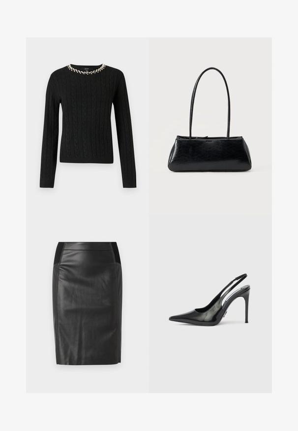 Suéter negro de punto trenzado con mangas largas y un cuello redondo adornado con una fila de perlas falsas a lo largo del cuello.; falda lápiz de cuero negro con un diseño ajustado, textura suave y acentos de cintura elástica a ambos lados. Dobladillo recto en la parte inferior.; Zapato de salón de tacón alto slingback de charol negro, punta puntiaguda, lados recortados y tacón delgado. Acabado brillante con detalles mínimos en herrajes.; Bolso de hombro rectangular negro con correas largas y delgadas y una textura lisa y brillante sobre un fondo liso.