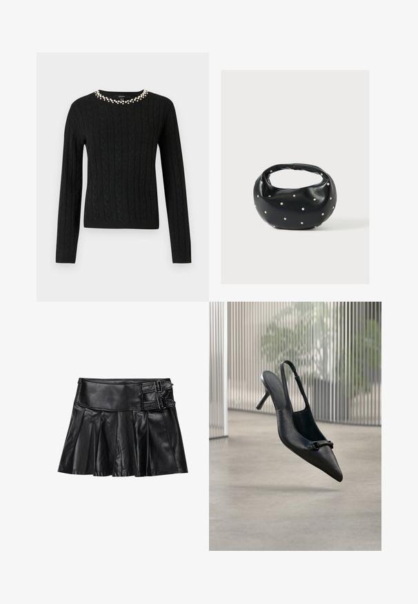 Pull en maille noir à manches longues et col rond orné d'une rangée de perles fantaisie le long du col.; Jupe en cuir noir avec des plis, taille large et deux accents à boucle sur le côté. Texture lisse avec une finition brillante.; Chaussure à talon haut à bride arrière en cuir noir texturé avec un bout pointu et une petite boucle décorative, flottant au-dessus d'un sol lisse.; Sac à main en cuir noir de forme arrondie, décoré de clous argentés et équipé d'une poignée courte. Texture lisse et fermeture éclair.