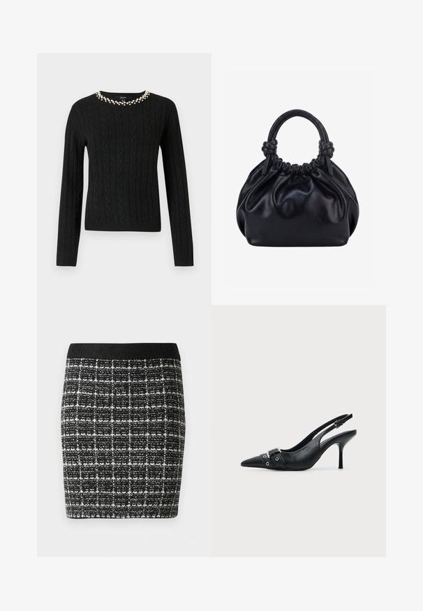 Sort kabelstrikket sweater med lange ærmer og rund halsudskæring prydet med en række falske perler langs kraven.; Sort-hvid ternet nederdel med et tekstureret stof, der har en sort talje og en tætsiddende silhuet.; Sort læder højhælet sko med spidst tåparti, slingback og rem med spænde og nitter foran.; Sort blød læderhåndtaske med samlet top og to tykke håndtag bundet i knuder mod en ensfarvet lys baggrund.