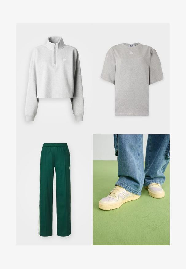 Lichtgrijze cropped sweatshirt met een hoge kraag en een halve rits. Heeft losse mouwen en een klein wit logo op de borst. Gemaakt van een katoenmix.; Lichtgrijs Adidas T-shirt met korte mouwen, ronde hals en klein wit Adidas-logo op de borst, weergegeven op een effen achtergrond.; Donkergroene sportbroek met een relaxte pasvorm, voorzien van een trekkoord in de taille, zijzakken en crèmekleurige strepen aan de zijkanten.; Sneakers met een roomkleurige bovenkant en een getextuureerde rubberen zool, met geperforeerde details en gelaagde accenten in lichtblauw en beige.