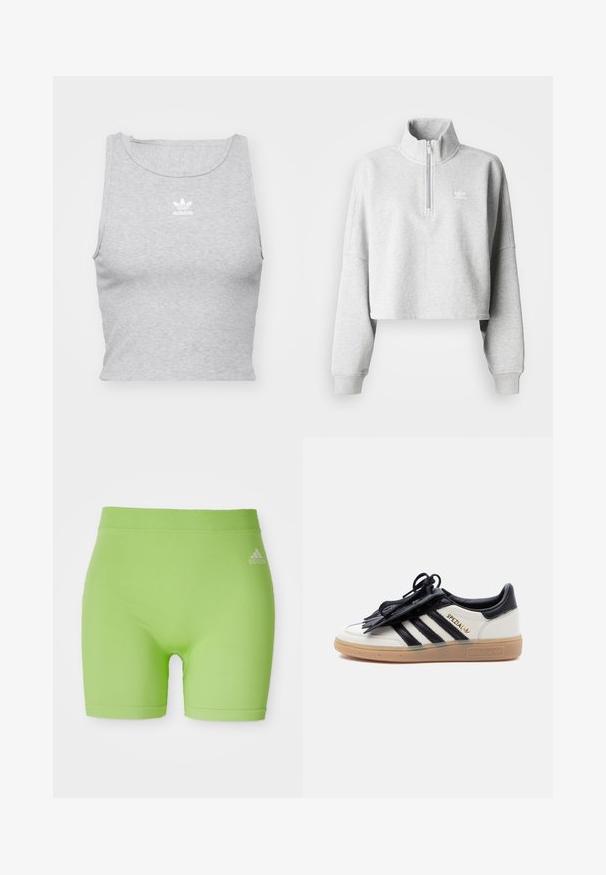 Heled halli lühike sviiter kõrge kaelusega ja poolkinnituseta. Omab laiu varrukaid ja väikest valget logo rinnal. Puuvilla segune materjal.; Hallikas, ilma varrukat crop top pehmest kangast, ümarate kaelustega ja väikese valge Adidas logo'ga rinna peal.; Rohelised sportlikud lühikesed püksid, valmistatud venivast kangast, millel on keskmise kõrgusega vöökoht ja ees paremal küljel Adidas'i logo.; Valge ja must Adidas Spezial tossu kummist tallaga, mustade triipude ja musta paelakattega ühtlasel heledal taustal.