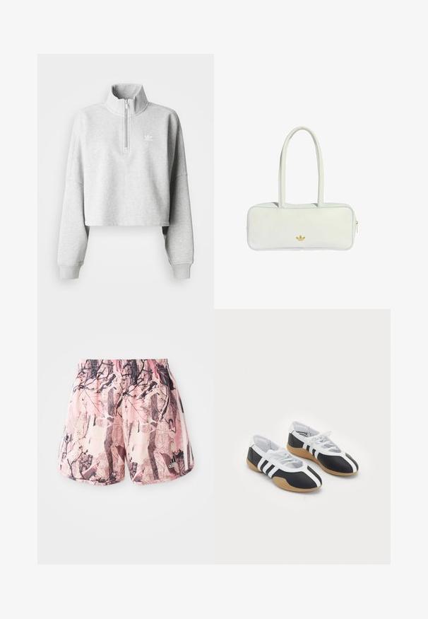 Sudadera recortada de color gris claro con cuello alto y media cremallera. Presenta mangas sueltas y un pequeño logo blanco en el pecho. Material de mezcla de algodón.; Shorts de color rosa y marrón con un estampado, un cinturón elástico y franjas laterales, que presentan un diseño gráfico que se asemeja a follaje y ramas.; Zapatillas deportivas en blanco y negro con un diseño elegante, suela de goma, cierre de cordones y tres franjas blancas en los lados.; Bolso de cuero blanco con dos asas largas, forma rectangular, detalle de logotipo dorado y ribete azul claro en los bordes. Cierre con cremallera.