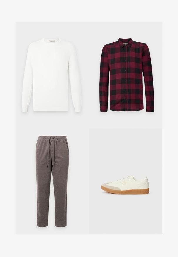 Pull en maille blanche avec un col rond et des poignets côtelés. La texture présente un motif subtilement rayé horizontalement.; Chemise à manches longues avec un motif à carreaux rouge et noir, col classique et poignets ajustés.; Pantalons en velours côtelé couleur taupe douce, avec une taille élastique munie d'un cordon de serrage et des jambes fuselées avec une texture côtelée verticale.; Baskets en cuir blanc avec une coque beige et une semelle en caoutchouc marron clair. Dotées de lacets blancs plats et d'un logo embossé sur le côté.