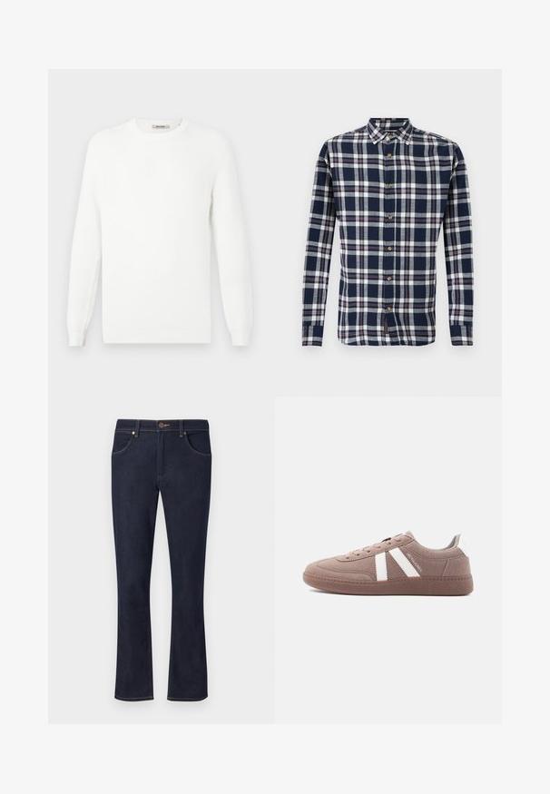 Hvid strikket sweater med rund halsudskæring og ribbede ærmeender. Teksturen har en subtil mønstring med horisontale striber.; Herres langærmede skjorte med knapper i marineblåt, hvidt og rødt ternet mønster. Bomuldsstof, klassisk krave og træknapper.; Mørkeblå denimjeans med lige ben, frontknaplukning, bæltestropper og forlommer på ensartet lys baggrund.; Afslappet brun ruskindsneaker med hvide striber, snørelukning, tekstureret sål og "JACK & JONES"-branding på siden.