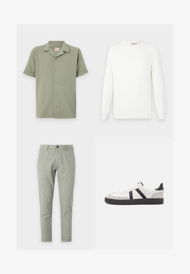 Suéter blanco de punto con un cuello redondo y puños acanalados. La textura presenta un patrón sutil con rayas horizontales.; Camisa de manga corta en verde claro, hecha de tela texturizada con cuello de pico y cierre frontal de seis botones. Las mangas enrolladas ofrecen un ajuste relajado.; Chinos verdes a medida hechos de algodón liviano. Cuentan con un cierre de botón, bolsillos frontales y traseros, y un diseño de pierna ajustada.; Zapatilla blanca con acentos en negro y gris, que presenta una puntera texturizada en gris, suela de goma negra y cordones planos blancos. Diseño limpio, estilo minimalista.