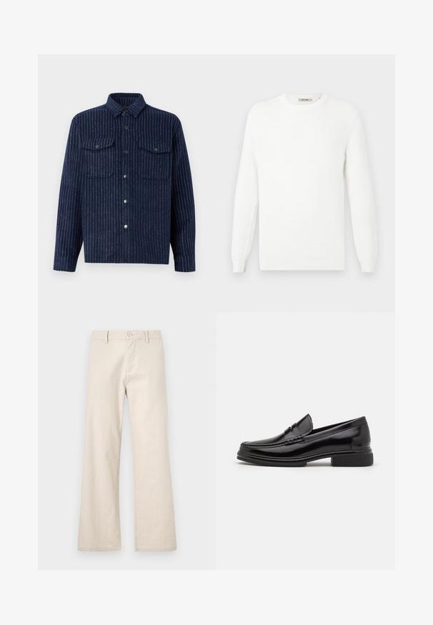 Pull en maille blanche avec un col rond et des poignets côtelés. La texture présente un motif subtilement rayé horizontalement.; Veste chemise bleu marine avec des rayures blanches verticales, deux poches poitrine, fermeture à bouton et col pointu. Tissu en mélange de coton, finition texturée.; Pantalons larges beiges en tissu léger, dotés d'une fermeture à bouton et de poches avant, avec une finition lisse et sans texture.; Mocassins en cuir noir avec un embout arrondi, présentant un détail cousu sur le dessus, et un petit talon carré. Texture lisse et finition brillante.