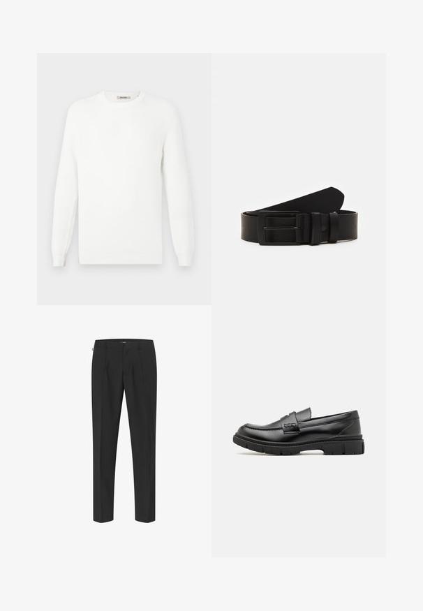Hvid strikket sweater med rund halsudskæring og ribbede ærmeender. Teksturen har en subtil mønstring med horisontale striber.; Sorte skræddersyede bukser med et elegant design, der har frontfolder, lige ben og en glat tekstur. Minimalt hardware og ingen synlige mønstre.; Sort læder loafersko med en bred rem over forfoden, gummisål med tykke mønstre og glat overflade. Klassisk, slankt design.; Sort læderbælte rullet med en mat sort rektangulær metalspænde og to bæltesløjfer på en hvid baggrund.