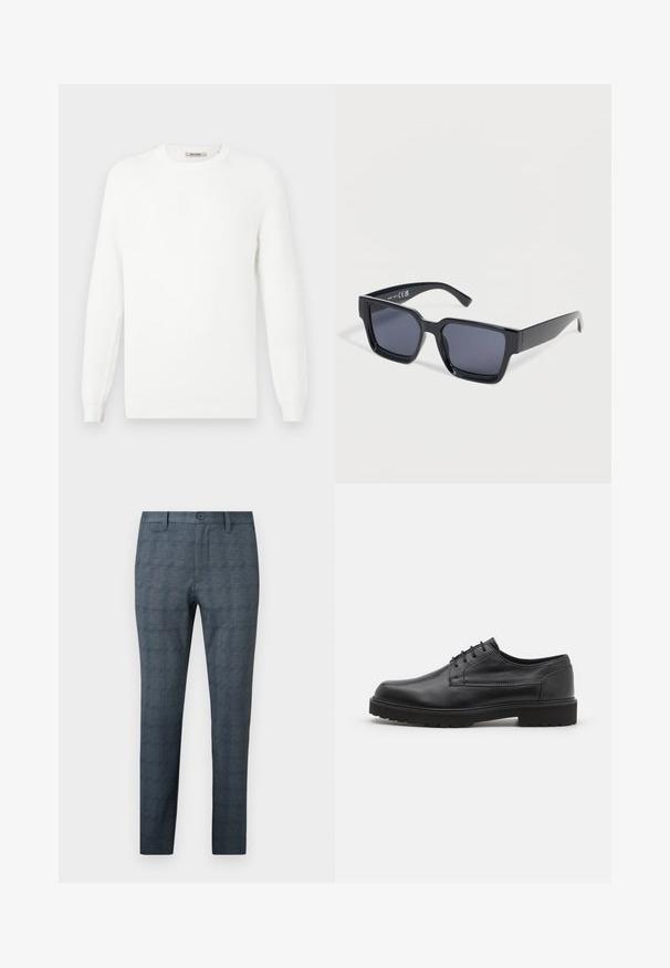 Suéter blanco de punto con un cuello redondo y puños acanalados. La textura presenta un patrón sutil con rayas horizontales.; Pantalones de vestir para hombre de corte slim en azul grisáceo con un sutil patrón de cuadros, botón frontal, trabillas para cinturón y diseño frontal plano.; Zapato de cuero negro con punta redondeada, acabado liso y costuras mínimas. Presenta un cierre con cordones y una suela de goma gruesa y texturizada.; Gafas de sol rectangulares negras con lentes tintadas oscuras y montura gruesa, descansando sobre una superficie blanca.