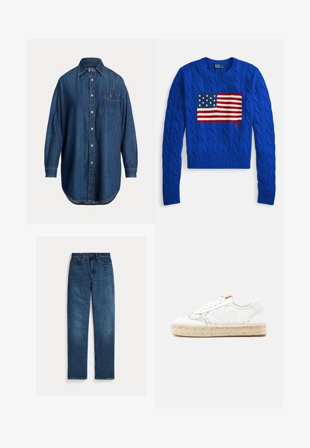 Blå strikket sweater med kabelmønster og et strikket amerikansk flagdesign. Ribstrikket rund hals og kant. Brandlogo syet nederst.; Langærmet blå denim knap-op skjorte med brystlomme med lille broderet logo og klassisk krave.; Straight-leg blå denim jeans med fem lommer, knaplukning og subtil falmning på lår og knæ, lagt fladt på hvid baggrund.; Hvid snøresko i blonder med beige flettet kantsål og hvide snørebånd på en lysegrå baggrund, sideudsigt.