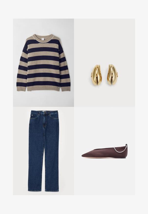 Stribet sweater i beige og marineblå, lavet af blødt materiale. Har en rund hals, sænkede skuldre og ribbet manchetter og kant.; Denim jeans i mørkeblå farve, lige ben design, fem-lommer stil, med en robust talje og synlige syning detaljer.; Mørkebrun flad sko med spids tå, lav hæl og en sølvfarvet rhinstenkæde detalje bagpå.; Guldringede øreringe med et flydende, buet design. Hver ørering har en glat overflade og en lille lukning med en dekorativ detalje.