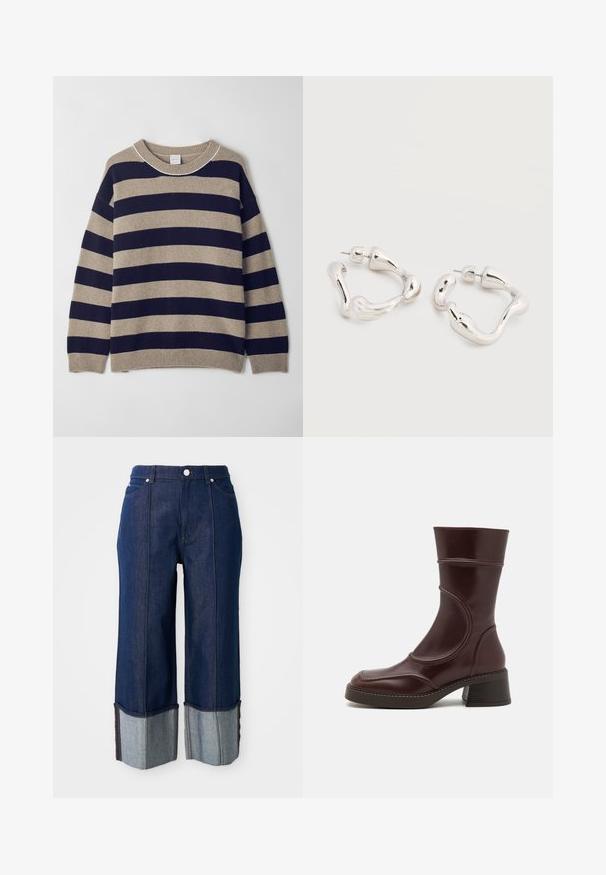 Stribet sweater i beige og marineblå, lavet af blødt materiale. Har en rund hals, sænkede skuldre og ribbet manchetter og kant.; Mørkeblå bukser med vid benvidde og foldede manchetter, der viser lysere denim indeni, med en knap fortil og lommer på en hvid baggrund.; MIISTA MALENE - Støvletter - brown; Øreringe i sølvfarvet tone med uregelmæssig form og bagerste lukning med stift, placeret på en ensfarvet hvid overflade.