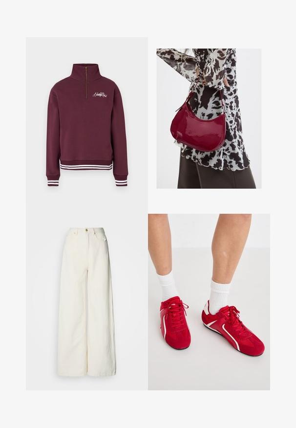 Bordeauxrød pullover trøje med høj krave og halv lynlås, hvide stribede ribkanter ved ærmer og kant samt et logo i skriftskrift på brystet.; Bredbenede bukser lavet af letvægtsstof i off-white. Har høj talje, forlommer og knaplukning.; Røde atletiske sko med hvide detaljer, lavet af ruskind og netstof. Har snørebåndsdesign og teksturerede såler for godt greb.; Kvinde iført en sort- og hvidmønstret bluse, der holder en blank rød skuldertaske mod en ensfarvet baggrund.