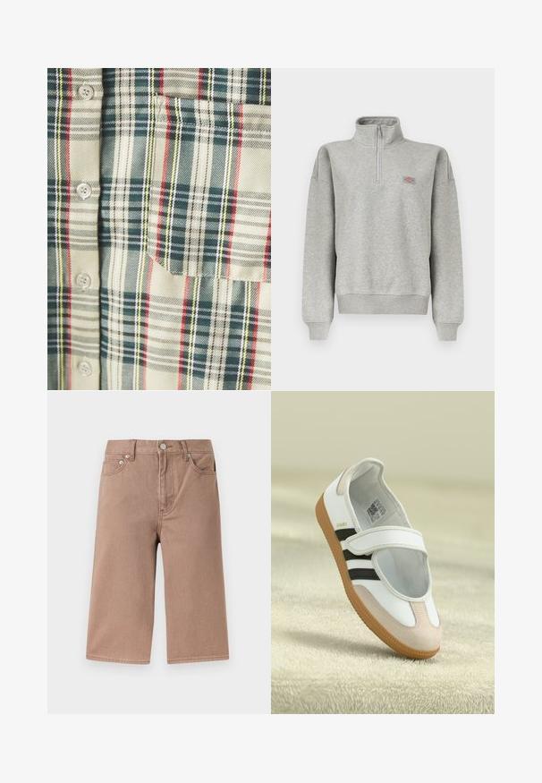 Lysegrå sweatshirt med kvart-lynlås, ribkant ved ærmer og kant, med en lille flerfarvet logopatch på venstre bryst.; Rutet skjorte i creme med mørkegrønne, røde og gule accentuer. Har en lomme og runde knapper, lavet af et blødt, vævet stof.; Lystebrune knælange denimshorts med forreste knap, lynlås, bæltestropper og forlommer på en ensfarvet baggrund.; Hvid sko med en lyserød ruskindforfod, sorte striber og en velcrorem. Har en lys gummi sål og et logo på siden.